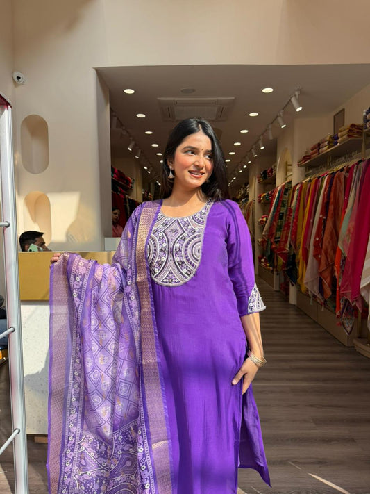 Purple Printed Kurta Set with Dupatta for Women | Ethnic Straight Suit Set