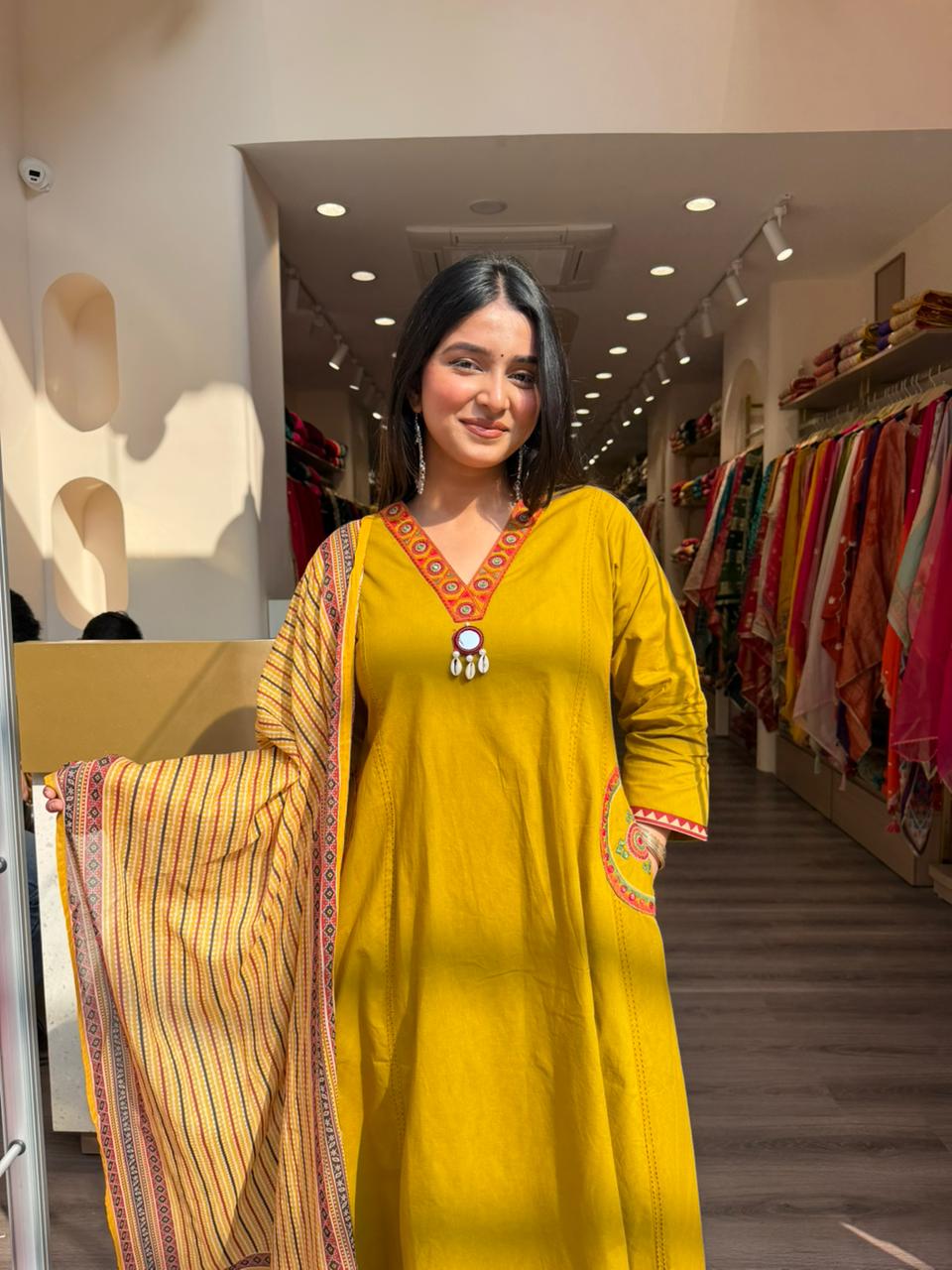 Mustard Yellow A-Line Kurta Set with Printed Dupatta for Women | Ethnic Suit Set