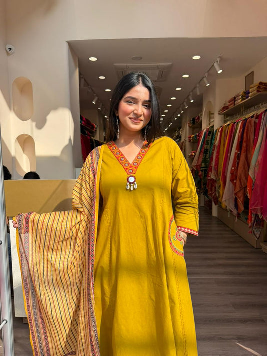 Mustard Yellow A-Line Kurta Set with Printed Dupatta for Women | Ethnic Suit Set