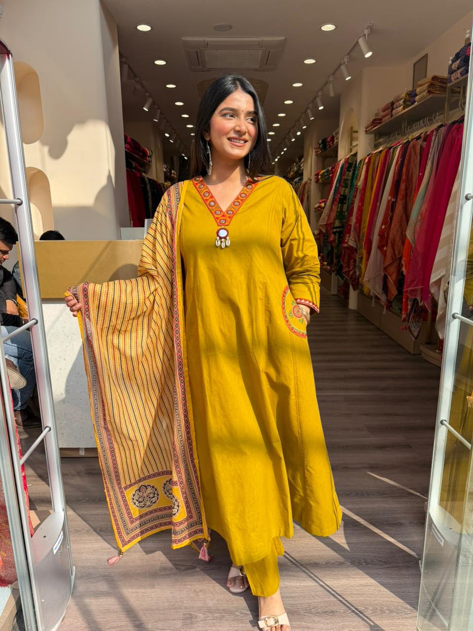 Mustard Yellow A-Line Kurta Set with Printed Dupatta for Women | Ethnic Suit Set