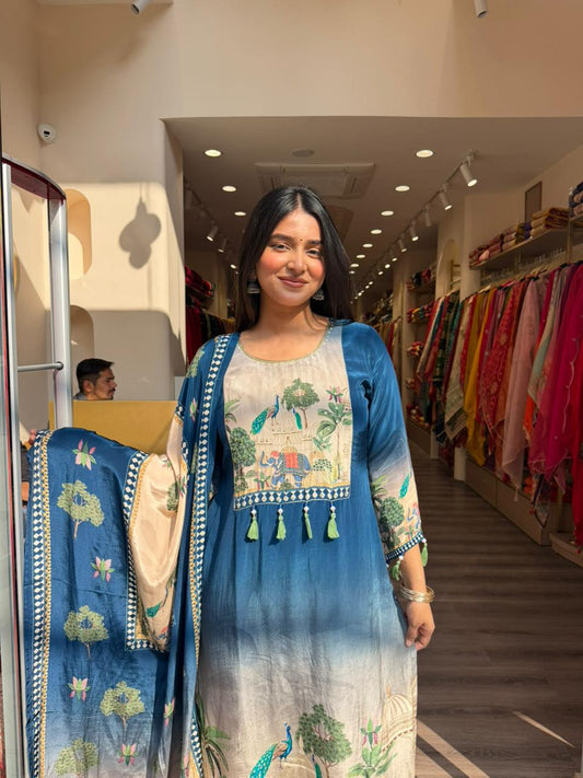 Blue Designer Printed Kurta Set with Dupatta for Women | Premium Ethnic Wear Suit