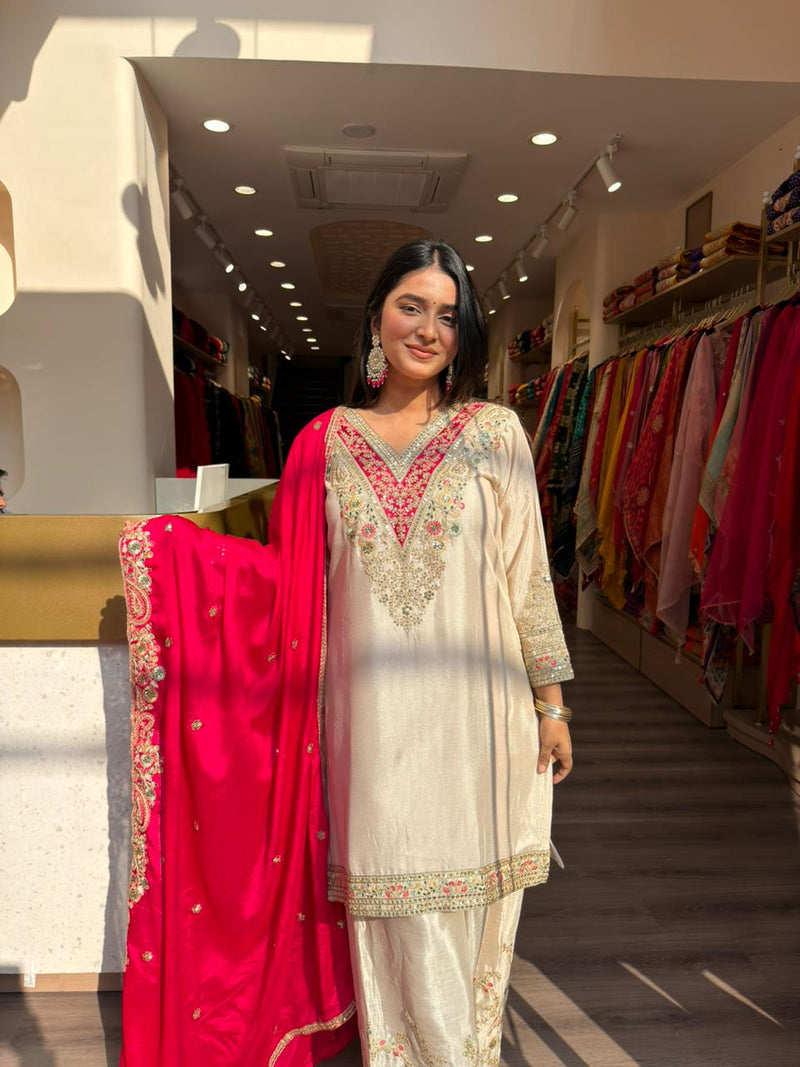 Off White Embroidered Kurta Set with Pink Dupatta for Women | Festive Ethnic Suit