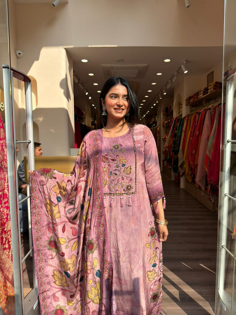 Dusty Pink Floral Printed Kurta Set with Dupatta for Women | Elegant Ethnic Suit