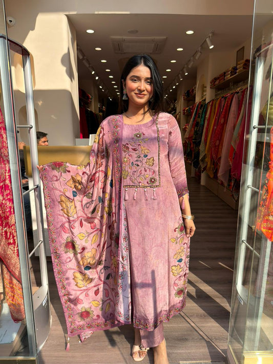 Dusty Pink Floral Printed Kurta Set with Dupatta for Women | Elegant Ethnic Suit