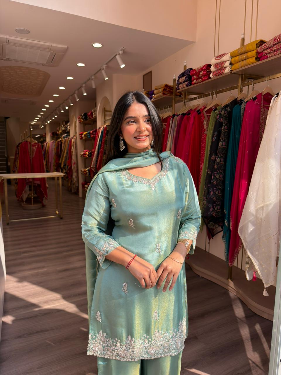 Mint Green Embroidered Straight Kurta Set with Dupatta for Women