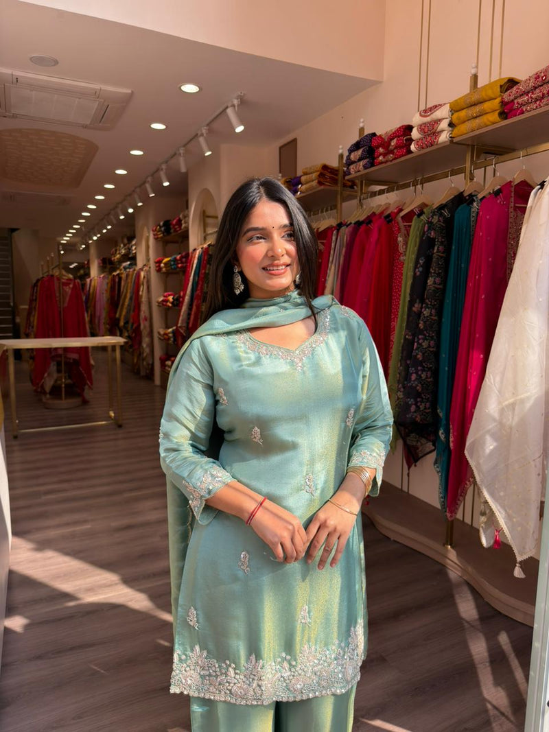 Mint Green Embroidered Straight Kurta Set with Dupatta for Women