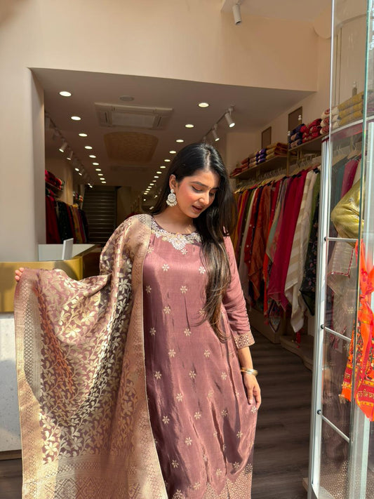 Mauve Brown Banarasi Woven Kurta Set with Rich Dupatta for Women
