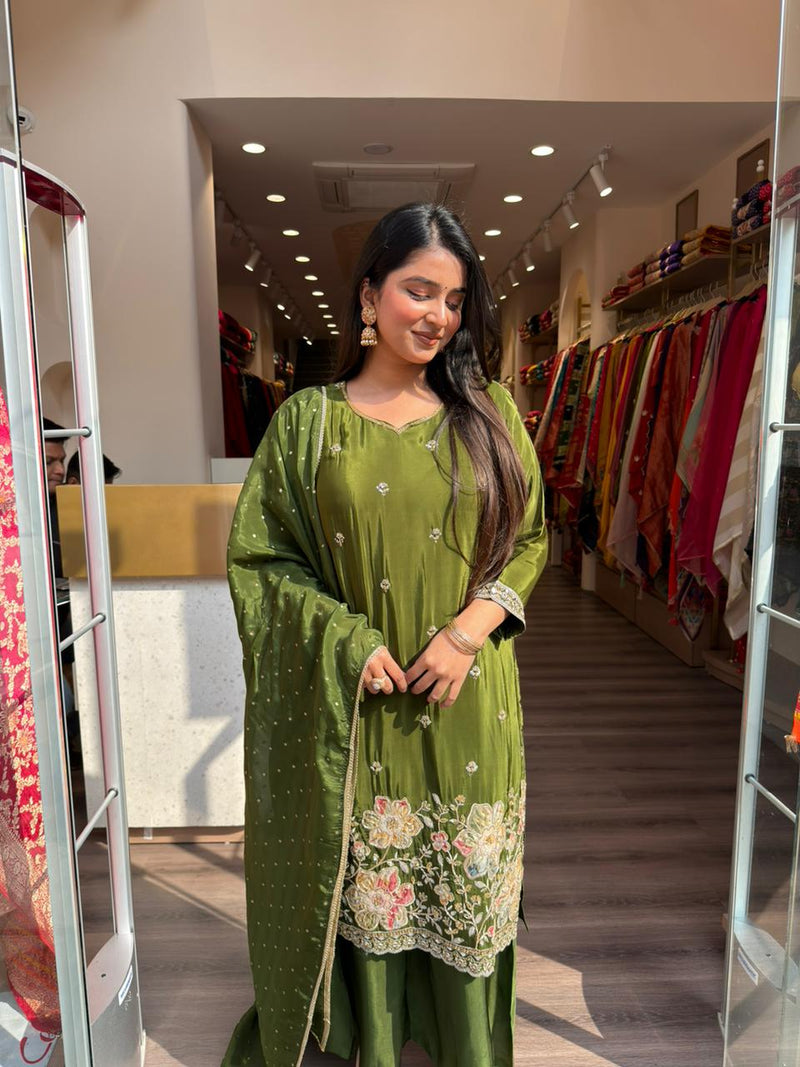 Olive Green Floral Embroidered Kurta Set with Dupatta for Women