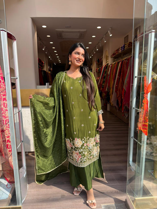 Olive Green Floral Embroidered Kurta Set with Dupatta for Women