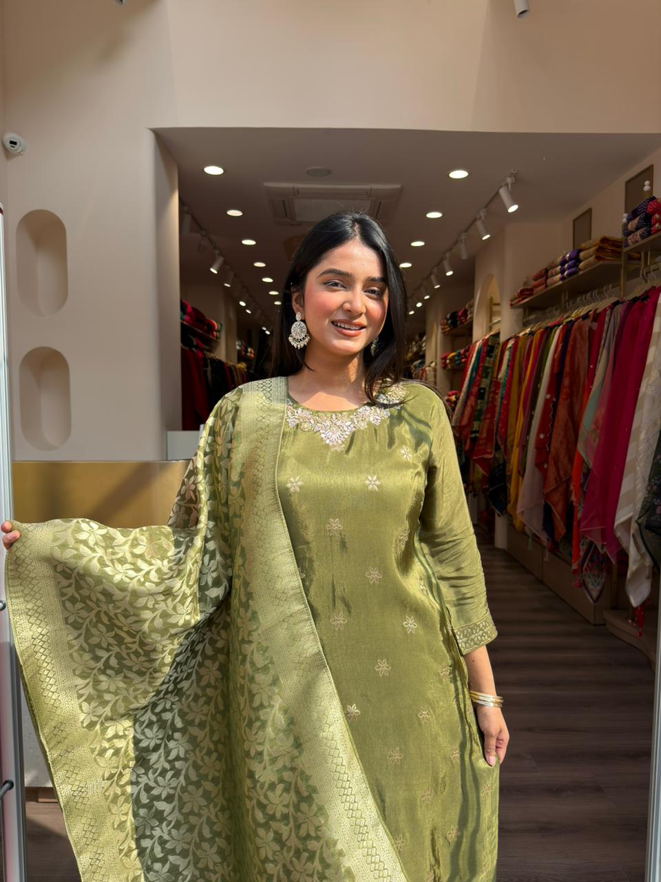 Olive Green Banarasi Woven Kurta Set with Rich Dupatta for Women