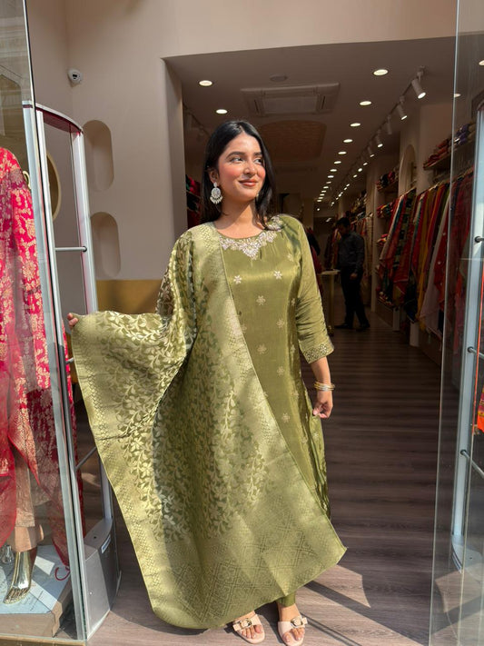 Olive Green Banarasi Woven Kurta Set with Rich Dupatta for Women