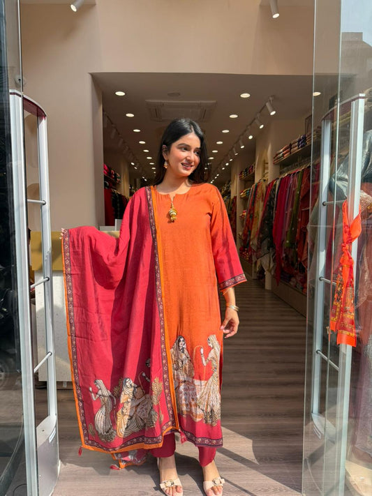Rust Orange Printed Kurta Set with Artistic Dupatta for Women