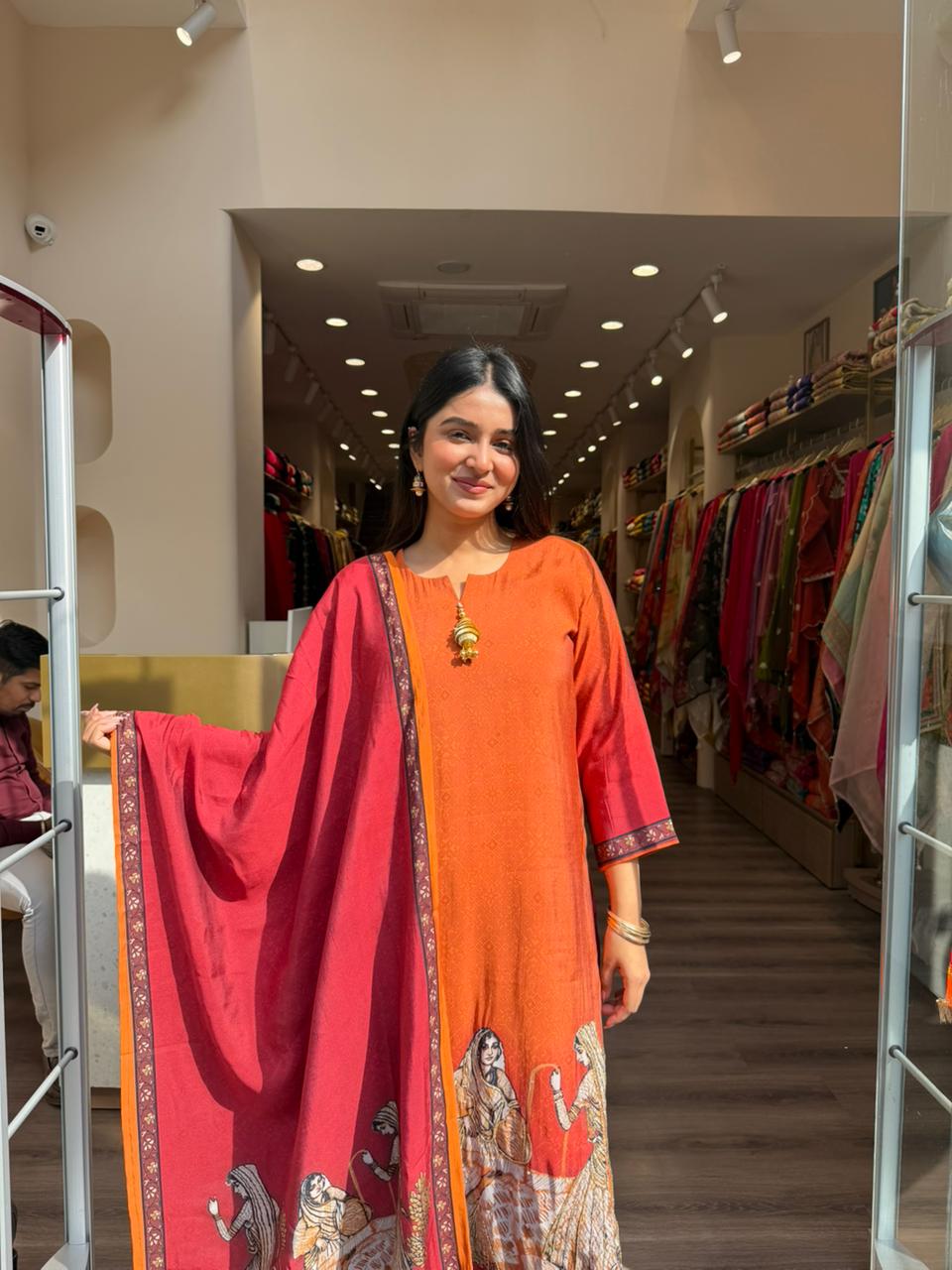 Rust Orange Printed Kurta Set with Artistic Dupatta for Women