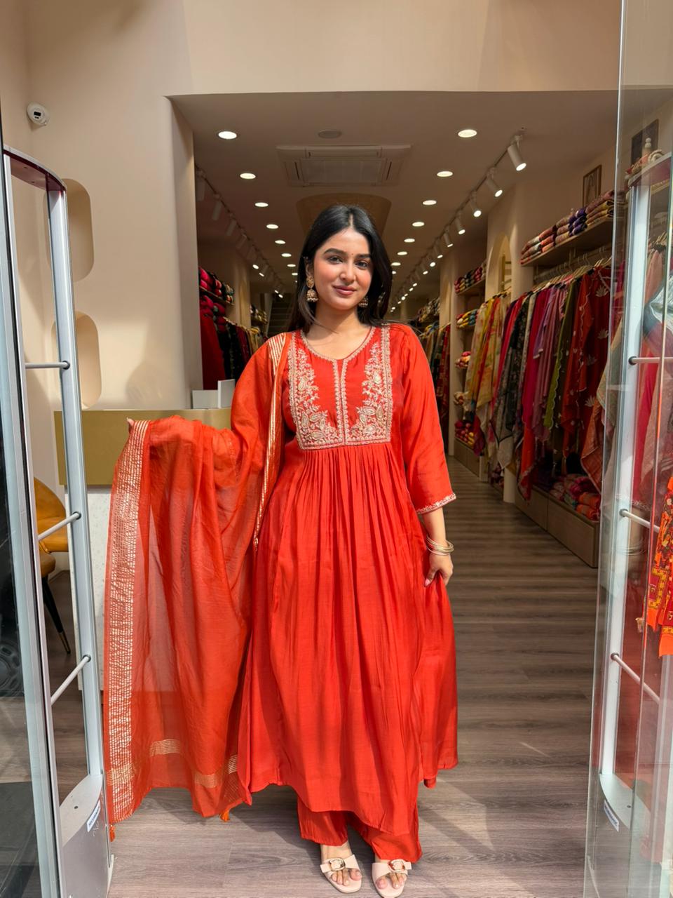 Red Embroidered Anarkali Kurta Set with Dupatta for Women