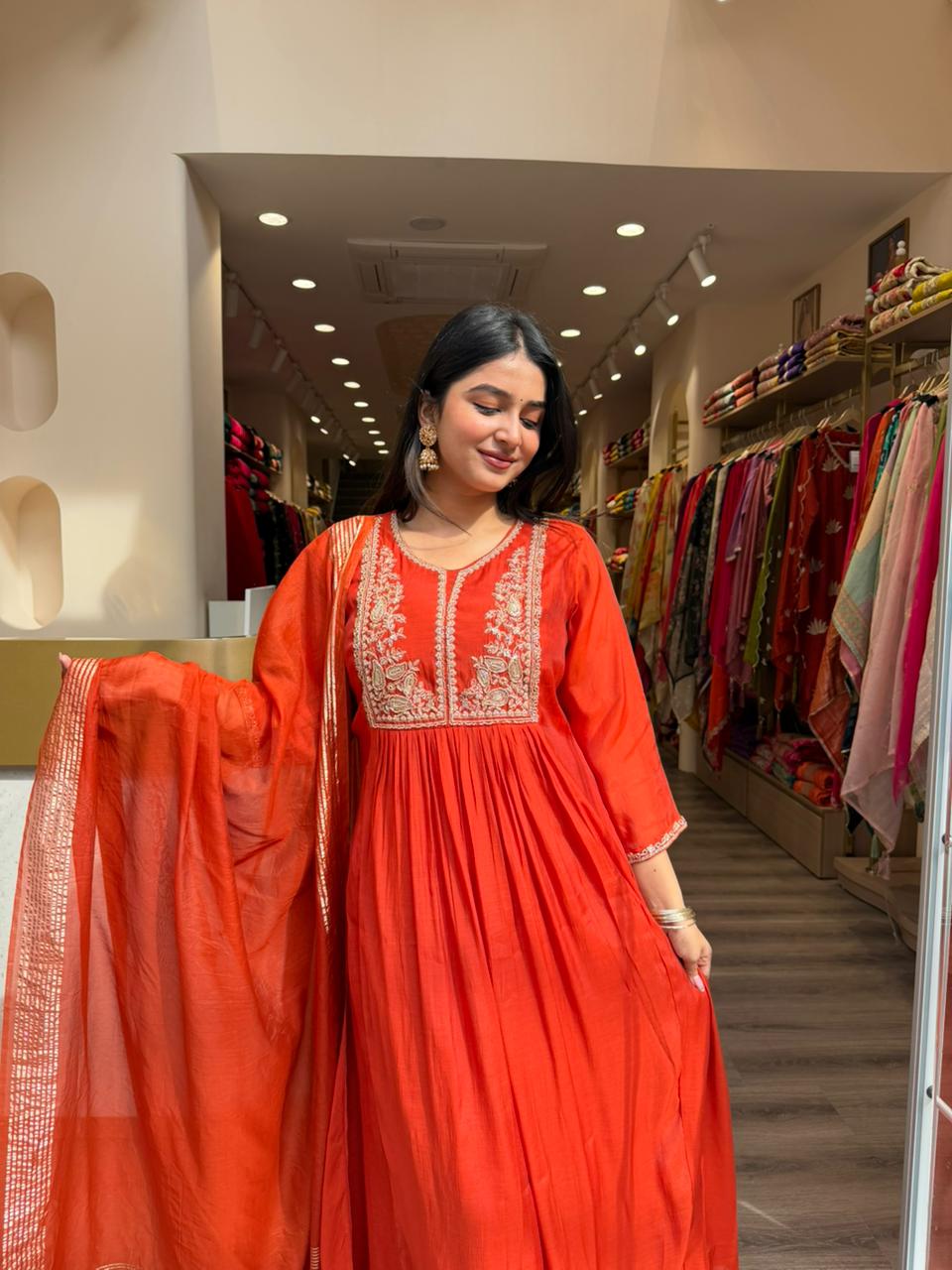 Red Embroidered Anarkali Kurta Set with Dupatta for Women