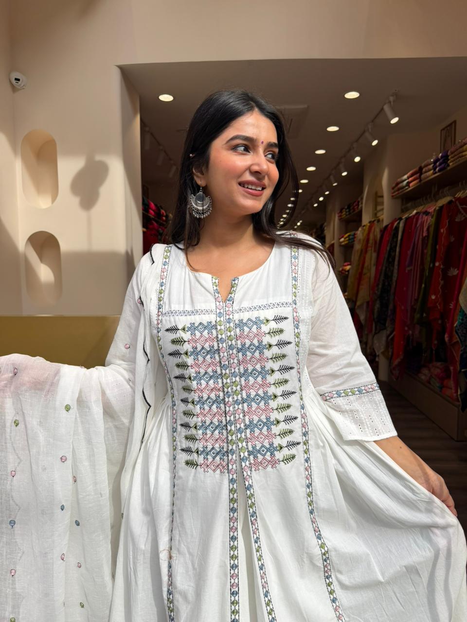 Off-White Embroidered Cotton Anarkali Kurta Set with Dupatta for Women