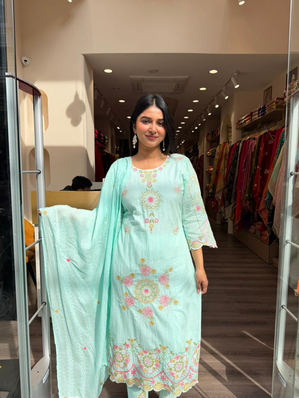 Mint Green Embroidered Cotton Kurta Pant Set with Dupatta for Women