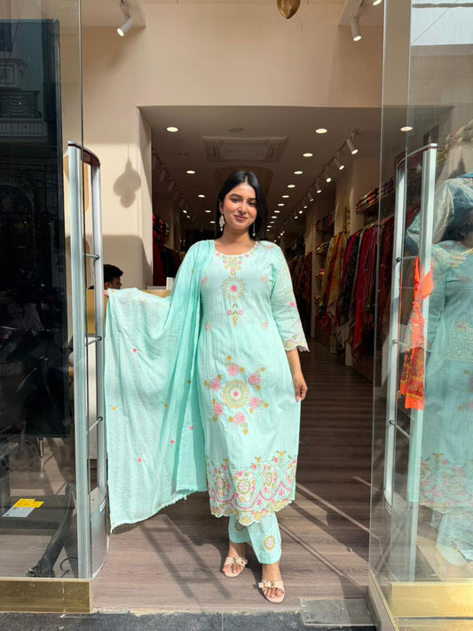 Mint Green Embroidered Cotton Kurta Pant Set with Dupatta for Women