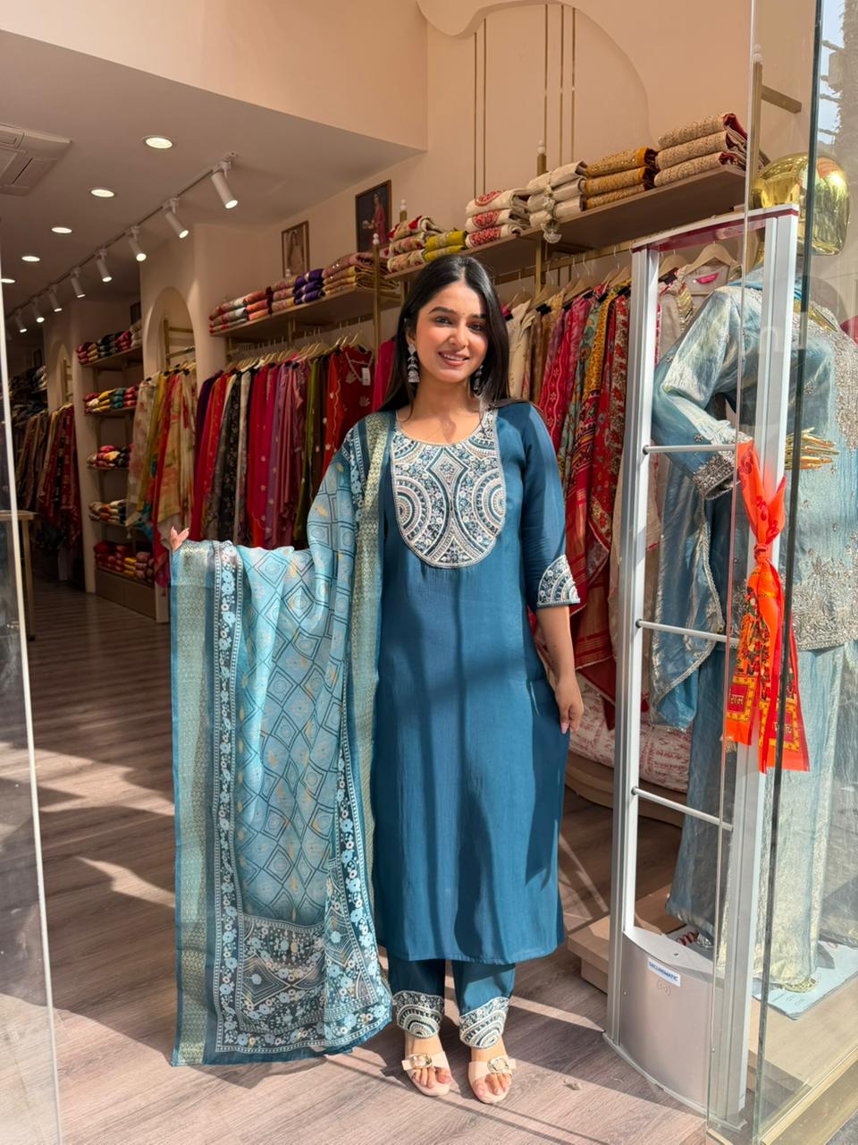 Teal Blue Printed Kurta Set with Dupatta for Women | Ethnic Straight Fit Suit Set