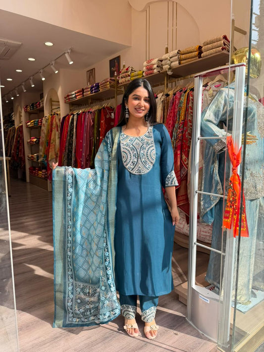 Teal Blue Printed Kurta Set with Dupatta for Women | Ethnic Straight Fit Suit Set
