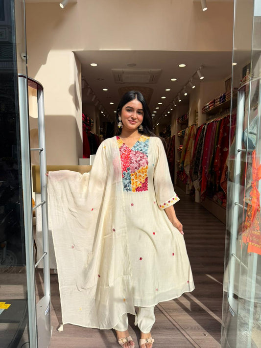 Off-White Floral Embroidered Kurta Set with Dupatta for Women | Elegant Ethnic Summer Suit