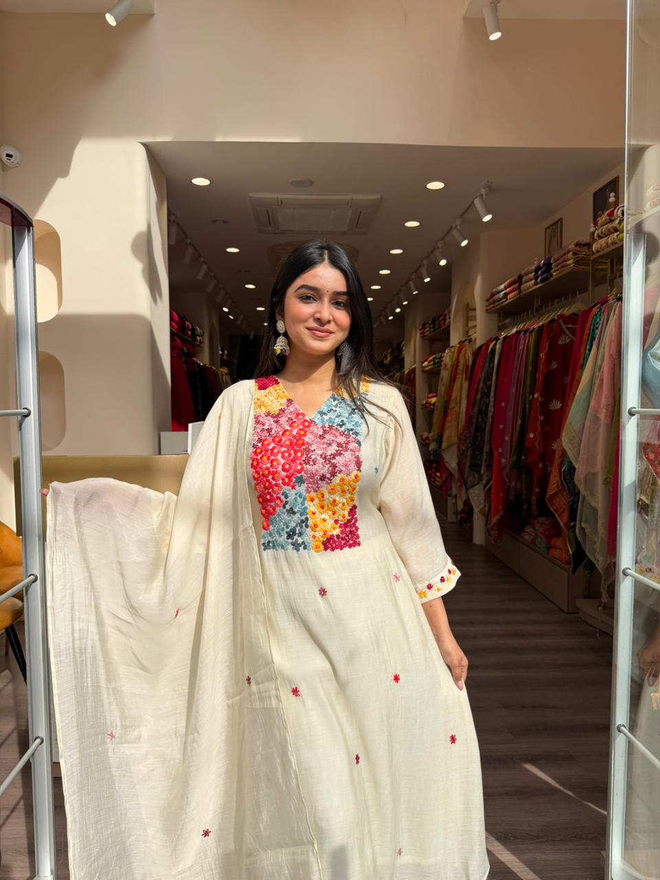 Off-White Floral Embroidered Kurta Set with Dupatta for Women | Elegant Ethnic Summer Suit