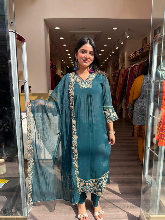 Teal Green Embroidered Kurta Set with Dupatta for Women | Festive Ethnic Suit Set