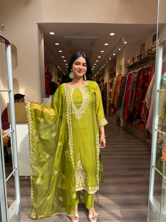 Lime Green Embroidered Kurta Set with Dupatta for Women | Festive Ethnic Suit Set