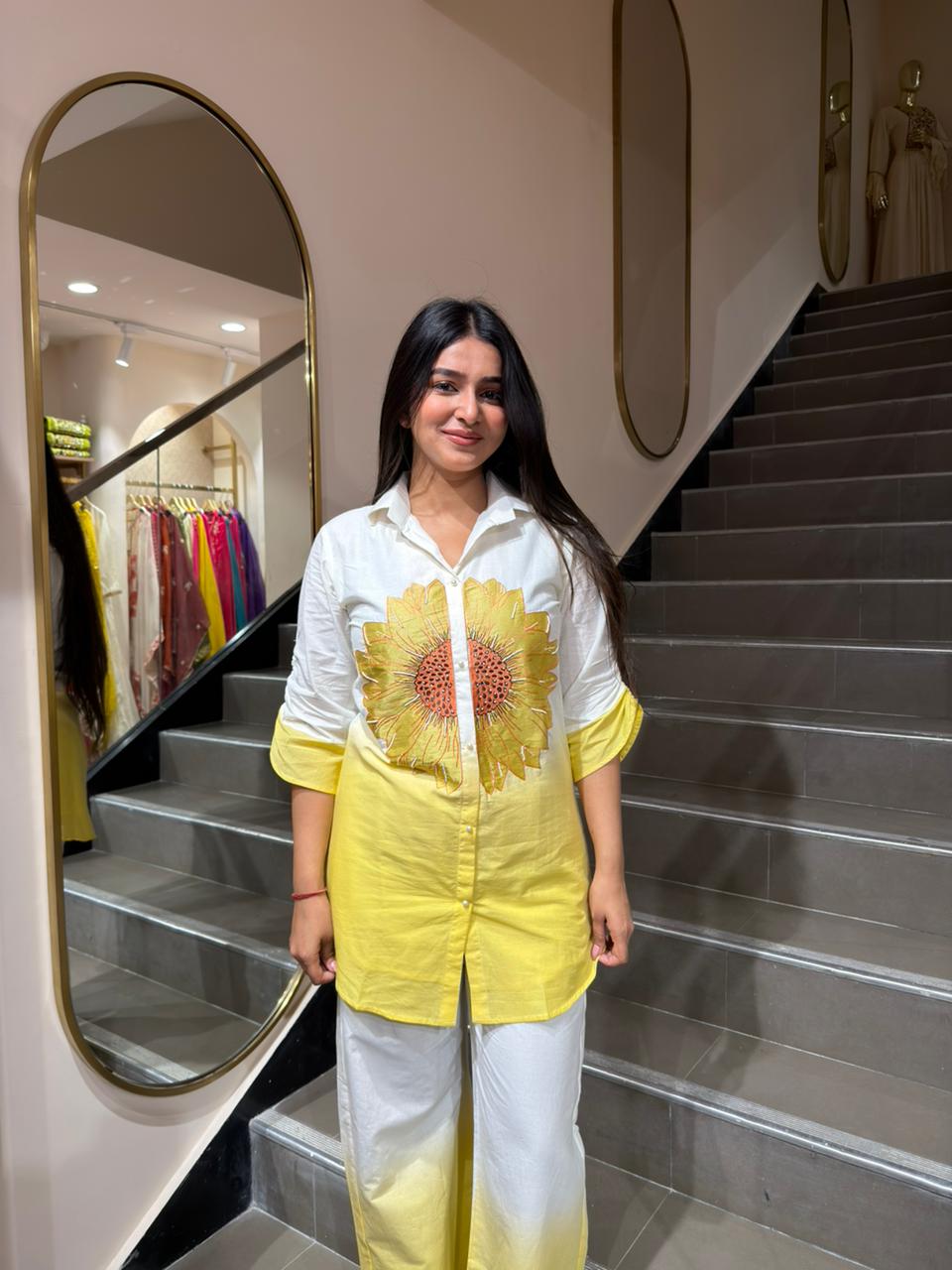 White & Yellow Floral Co-ord Set for Women | Casual Shirt & Pants Summer Outfit