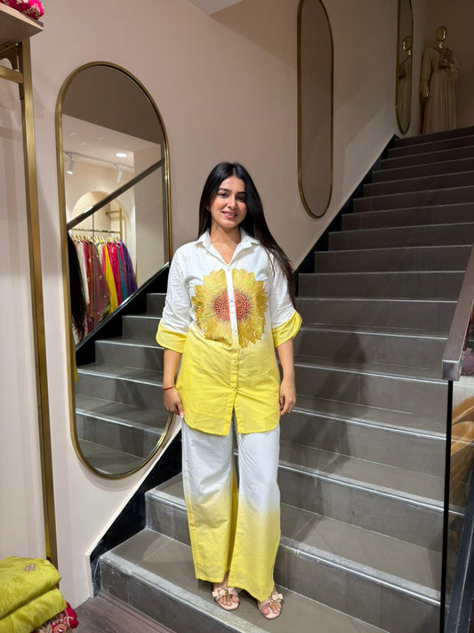 White & Yellow Floral Co-ord Set for Women | Casual Shirt & Pants Summer Outfit