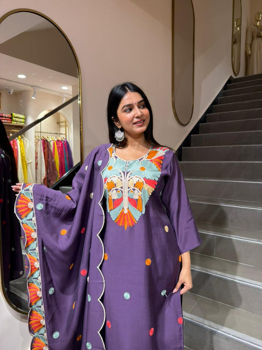 Purple Embroidered Kurta Set with Printed Dupatta for Women