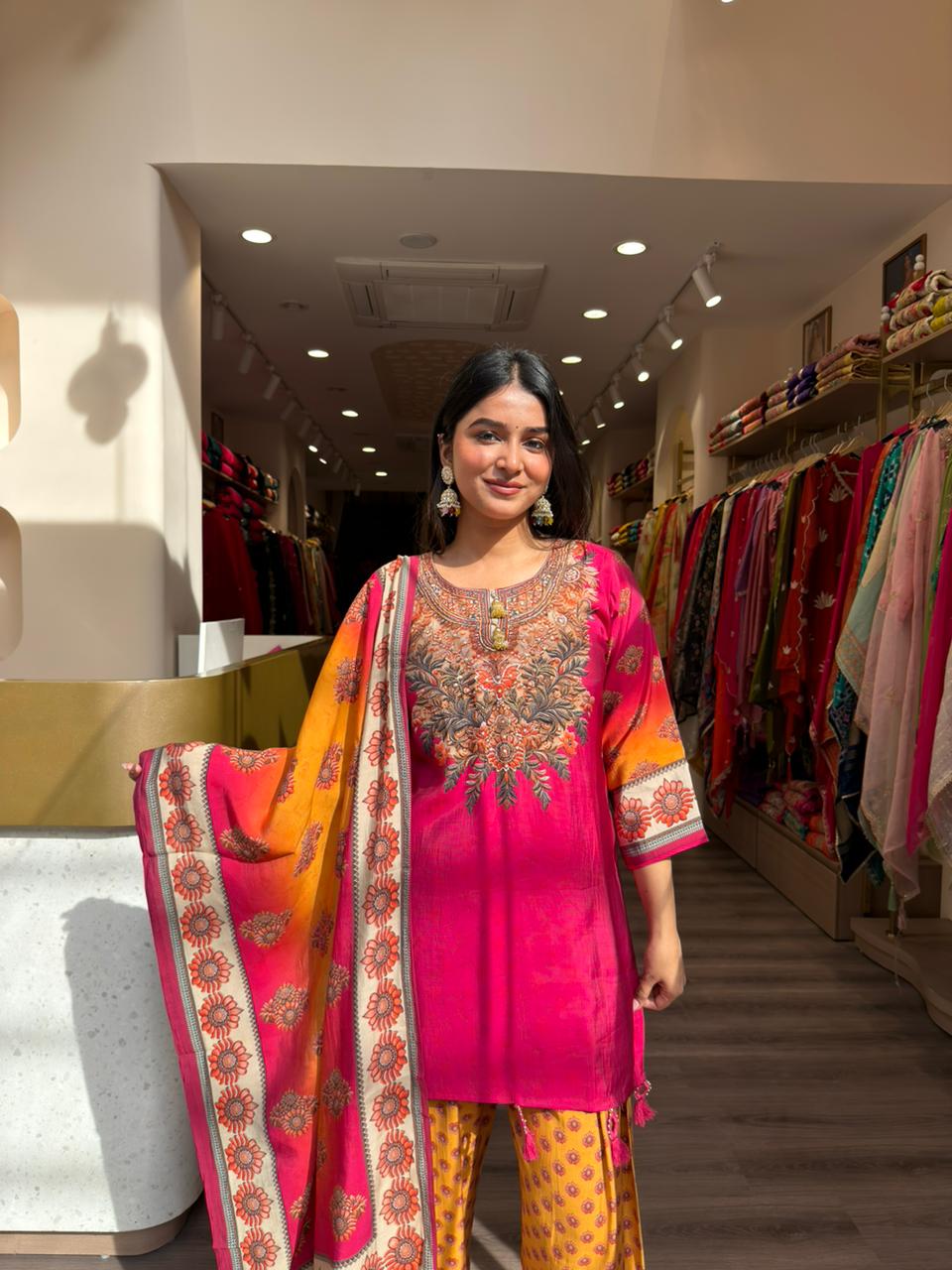Pink Ombre Embroidered Kurta Set with Printed Palazzo & Dupatta