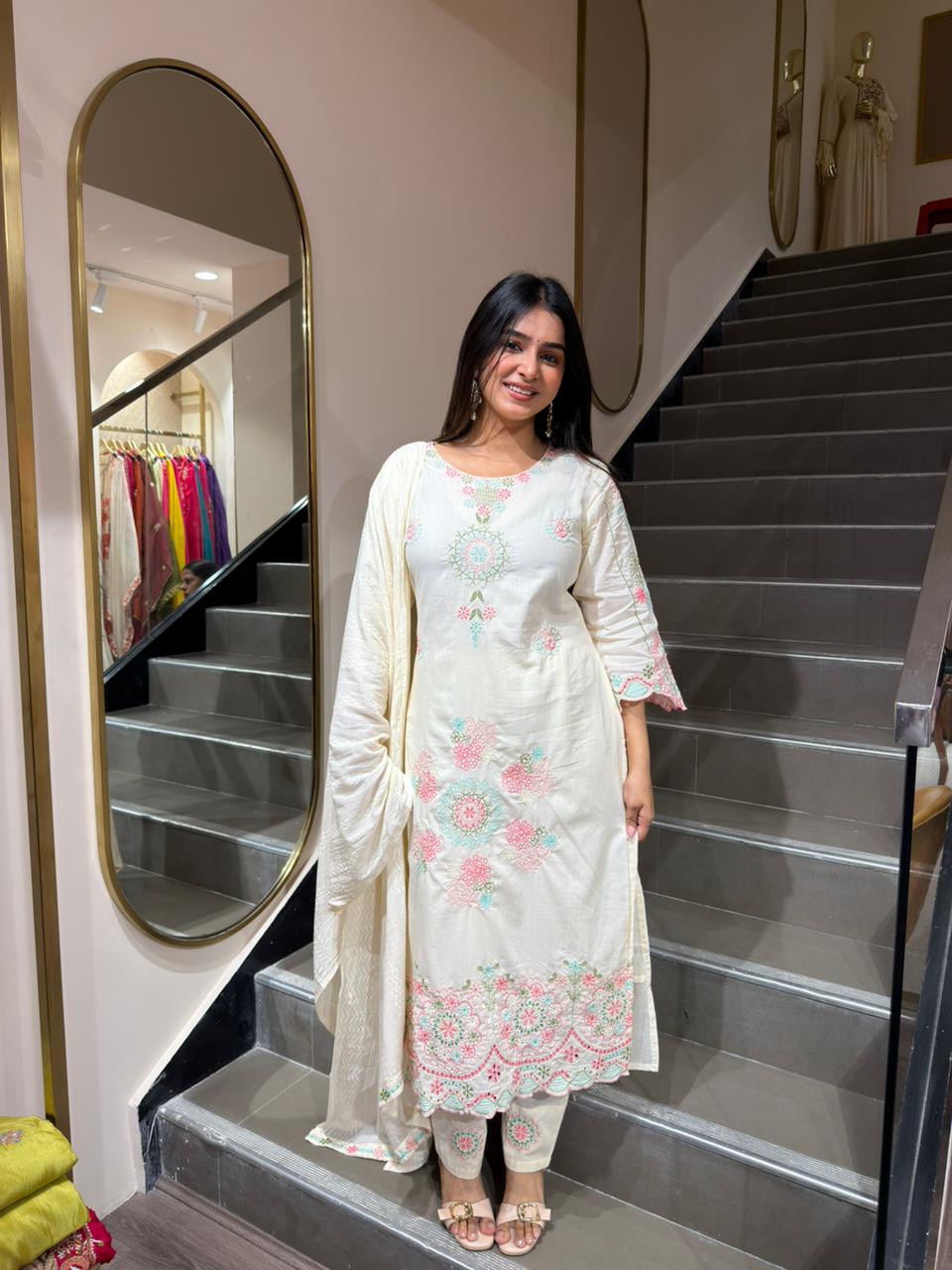 Off White Embroidered Kurta Set with Dupatta for Women