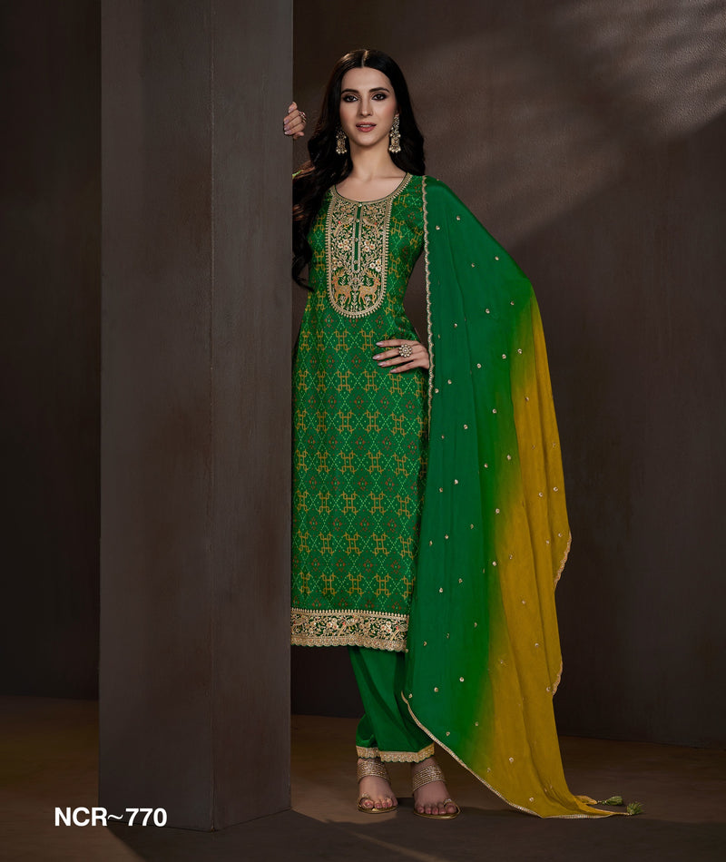 Emerald Green Embroidered Straight Suit Set with Ombre Dupatta | Festive & Wedding Wear