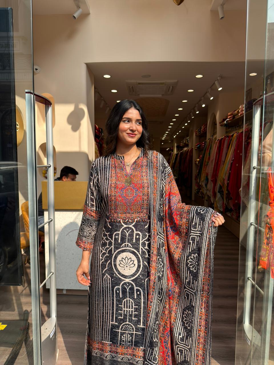 Black Ethnic Printed Straight Kurta Set with Dupatta – Elegant Daily Wear for Women