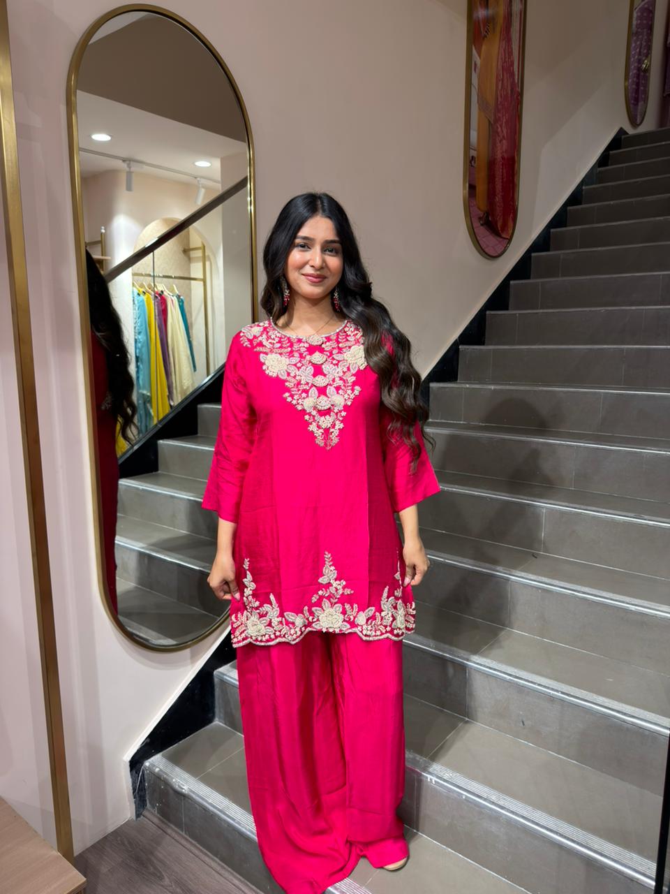 Rani Pink Embroidered Kurta Palazzo Set – Elegant Festive Ethnic Wear for Women