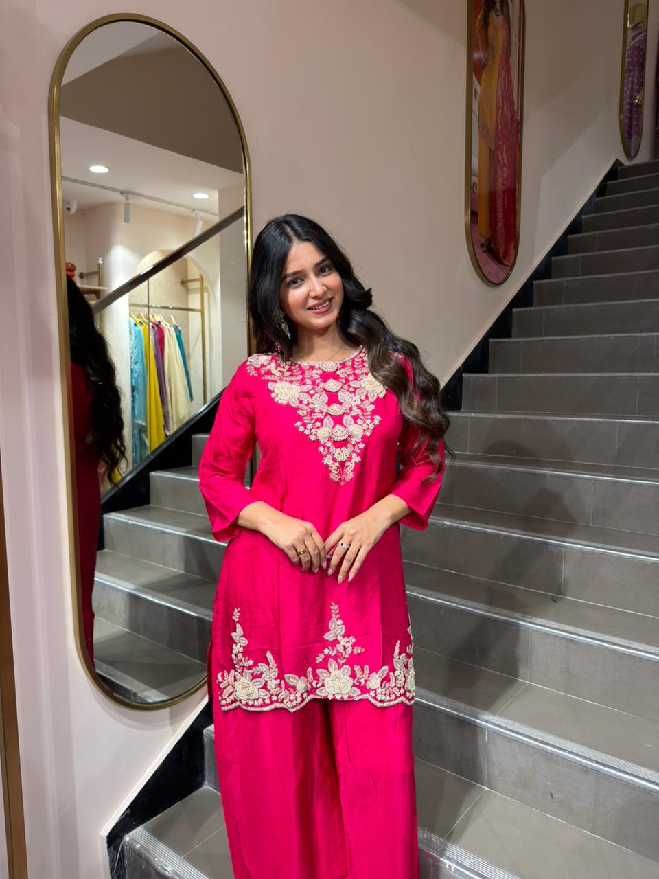 Rani Pink Embroidered Kurta Palazzo Set – Elegant Festive Ethnic Wear for Women