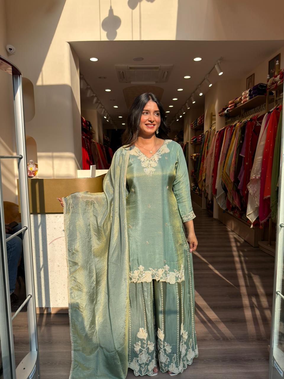 Sage Green Embroidered Kurta Sharara Set with Dupatta – Elegant Festive Wear for Women
