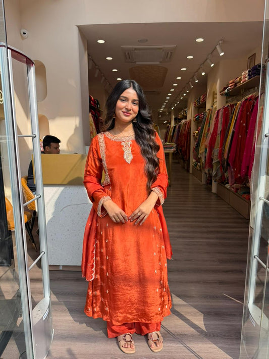Rust Orange Embroidered Straight Kurta Set with Dupatta for Women | Festive & Wedding Wear