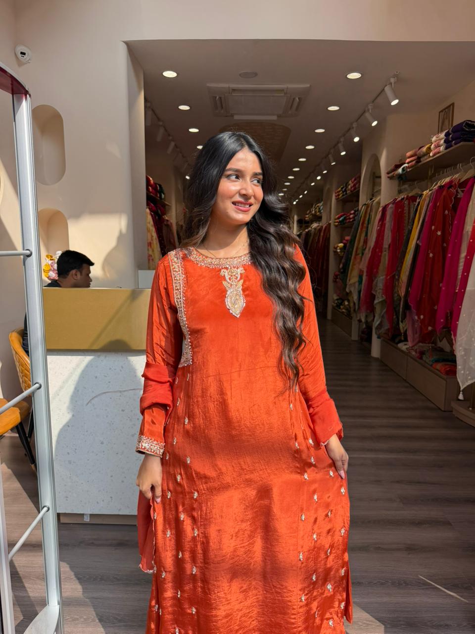 Rust Orange Embroidered Straight Kurta Set with Dupatta for Women | Festive & Wedding Wear