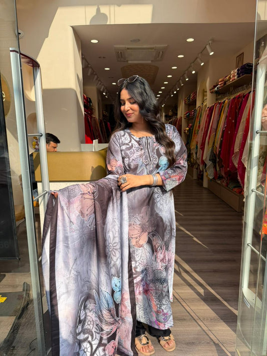 Smoky Grey Floral Printed Kurta Set with Dupatta for Women | Elegant Ethnic Wear