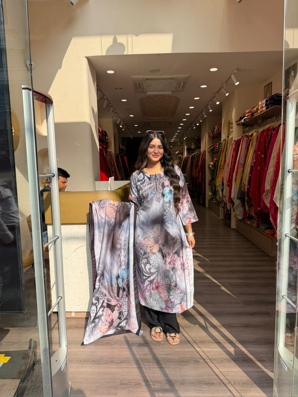 Smoky Grey Floral Printed Kurta Set with Dupatta for Women | Elegant Ethnic Wear
