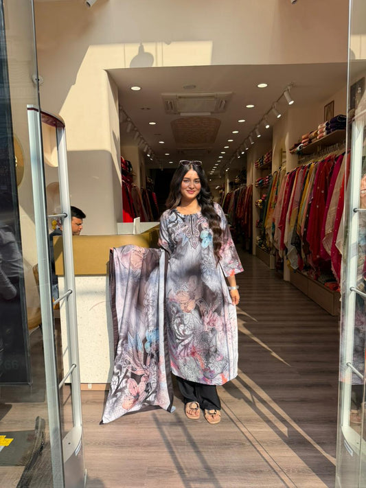 Smoky Grey Floral Printed Kurta Set with Dupatta for Women | Elegant Ethnic Wear