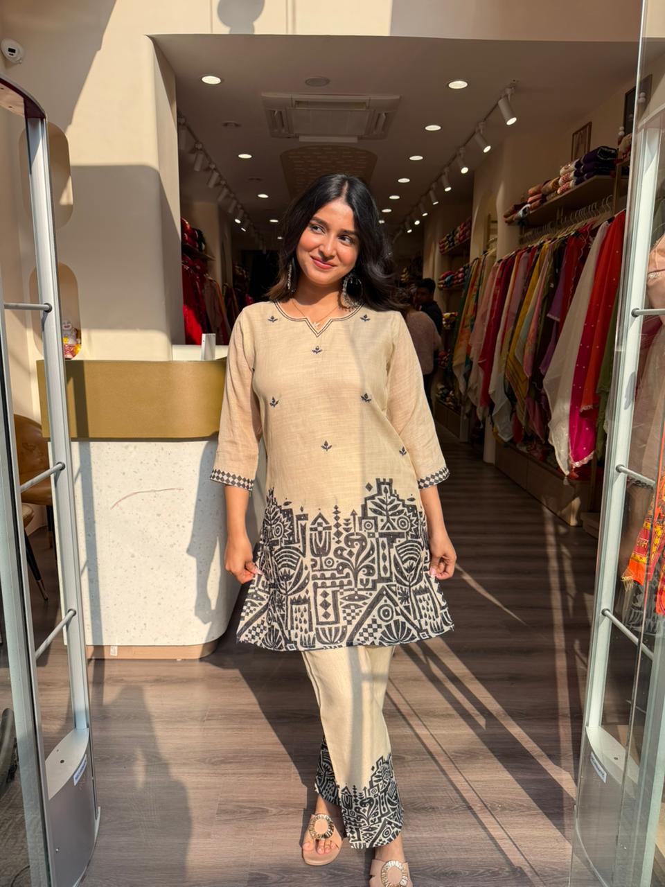 Beige & Black Printed Cotton Kurta Set for Women | Casual & Office Wear