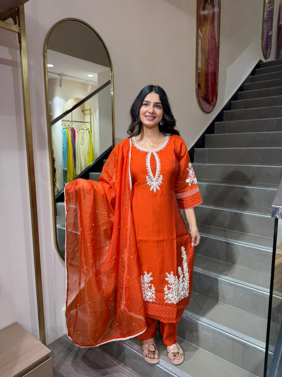 Orange Embroidered Kurta Set with Dupatta for Women | Festive Ethnic Wear