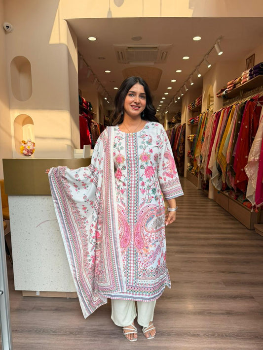 Off-White Floral Printed Kurta Set with Dupatta for Women | Elegant Ethnic Wear