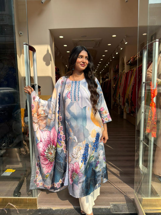 Elegant Floral Printed A-Line Kurta Set with Dupatta for Women – Premium Muslin Fabric