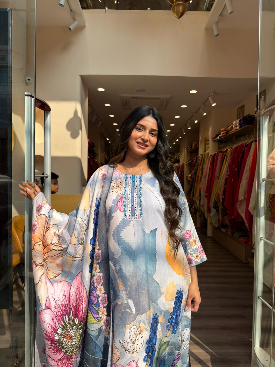 Elegant Floral Printed A-Line Kurta Set with Dupatta for Women – Premium Muslin Fabric