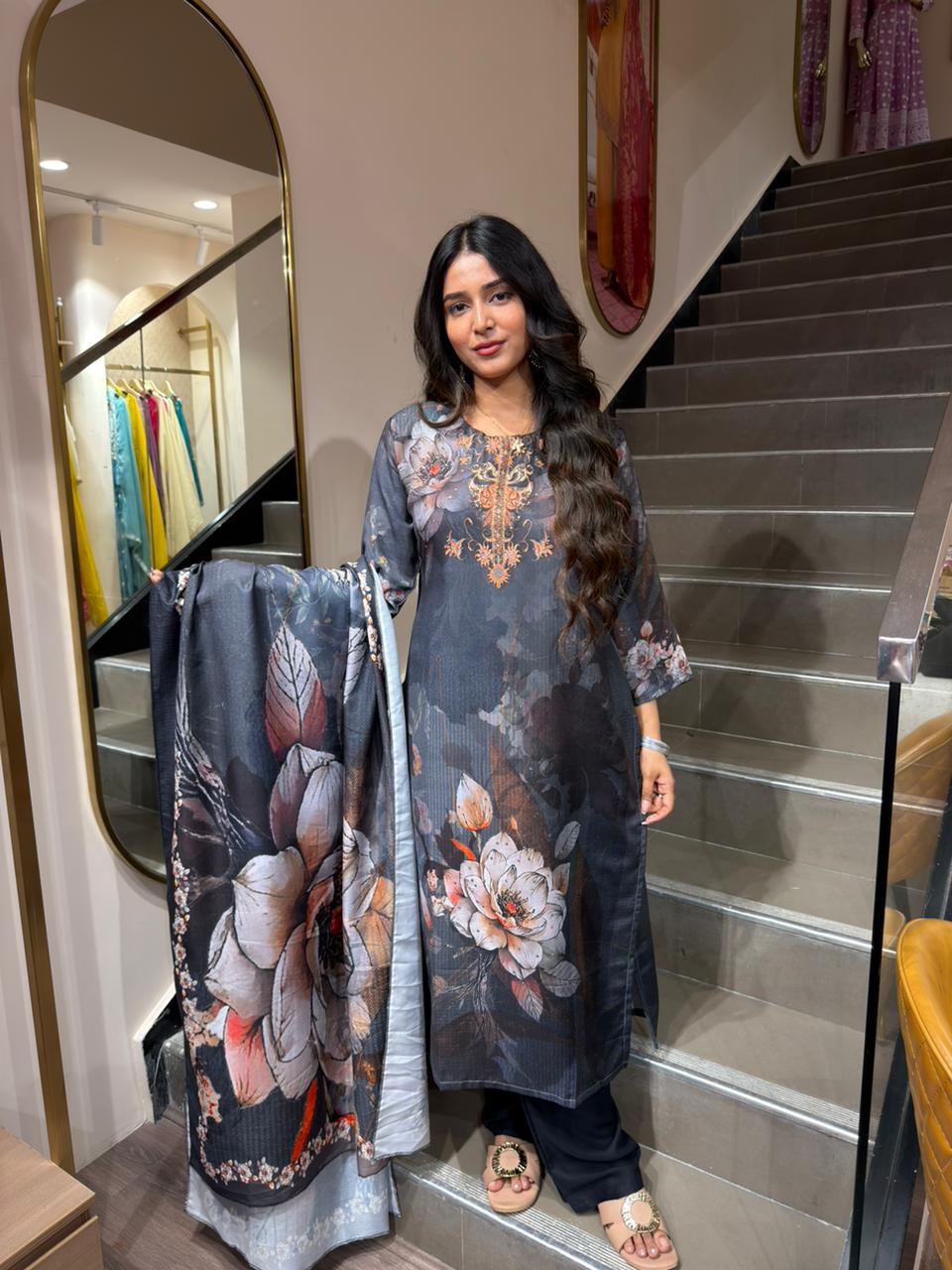 Charcoal Grey Floral Printed Kurta Set with Designer Dupatta
