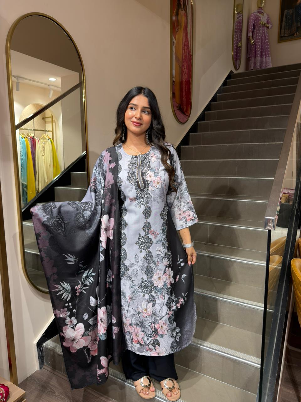 Grey Floral Printed Kurta Set with Black Dupatta for Women